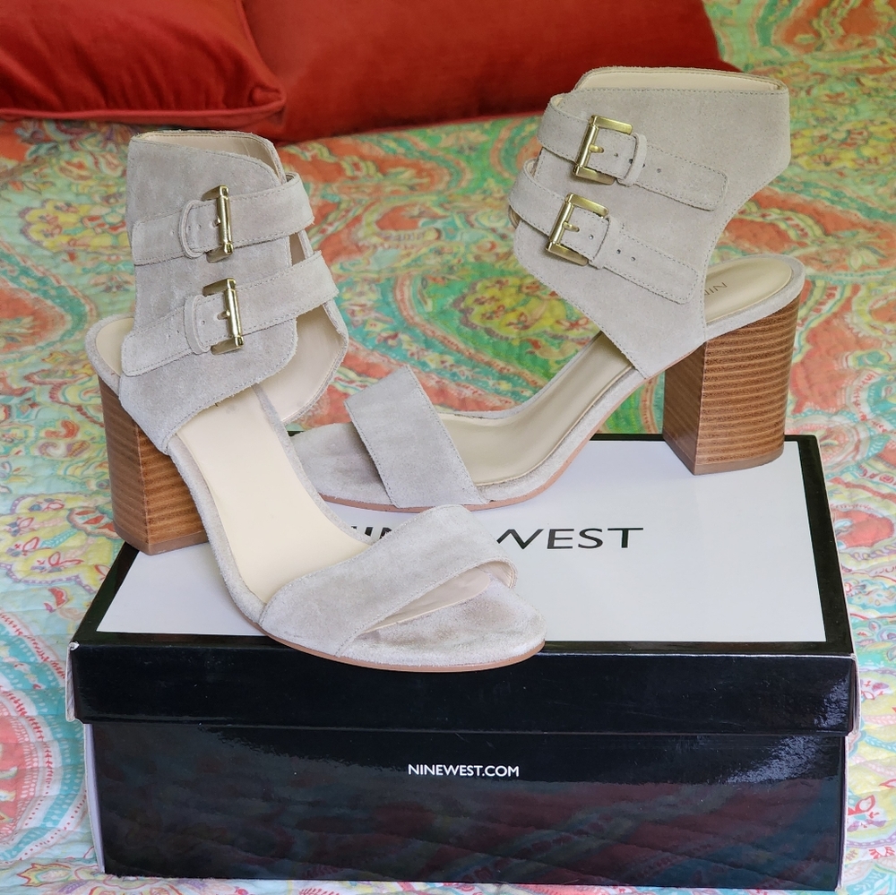 Nine West Women's NW Galiceno Taupe Suede Heels Double Buckle